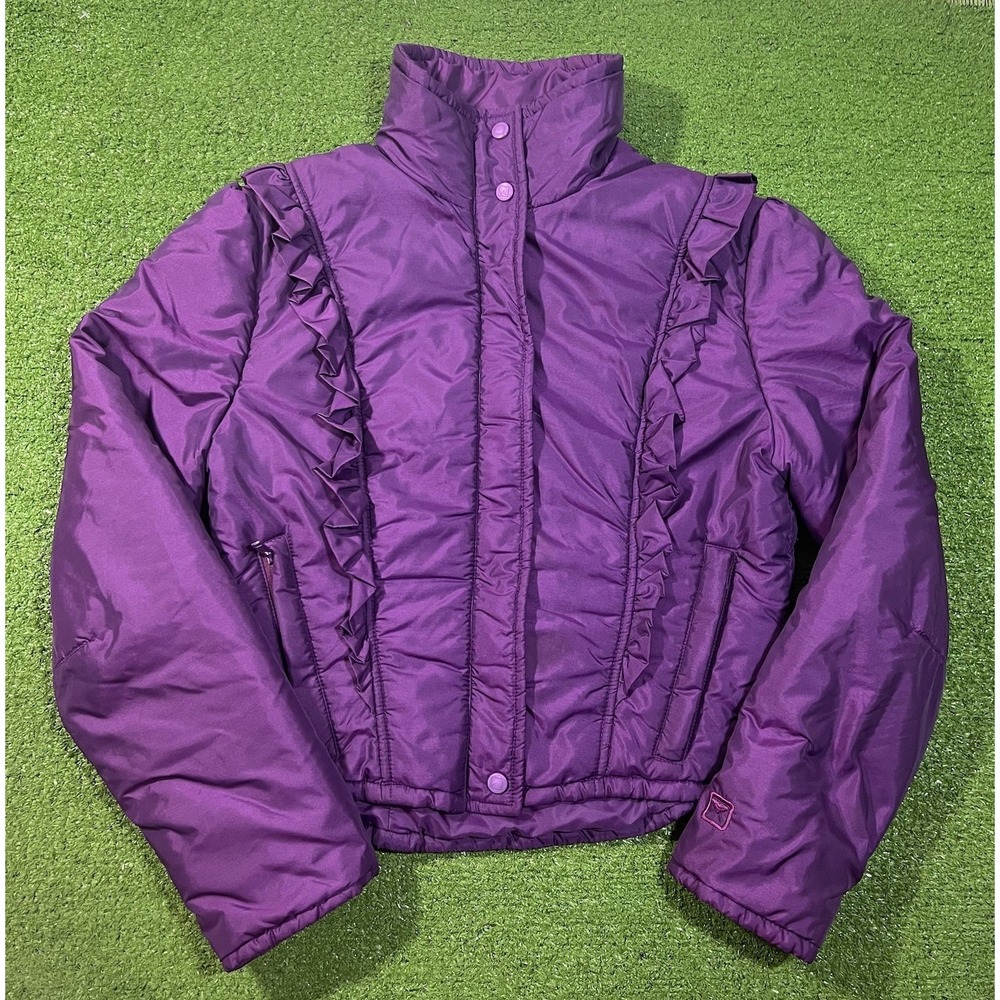 Vintage Obermeyer Ski Jacket Women SZ 14 Cropped Purple 80s Ruffle Accents EUC
